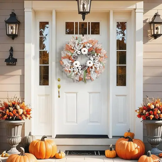 20 Inch Fall Wreaths for Front Door with White Pumpkins {5}