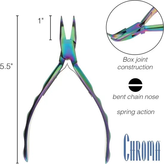 The Beadsmith Chroma Series Bent Chain Nose Plier, 5.5 inches (140mm), hardened stainless-steel head, rainbow titanium coating, contoured comfort grip handle and double-leaf spring {4}