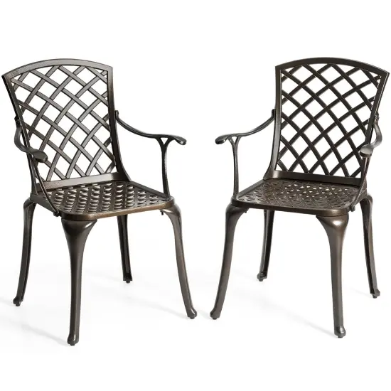 Costway Outdoor Cast Aluminum Arm Dining Chairs Set of 2 Patio Bistro Chairs, Brown {1}