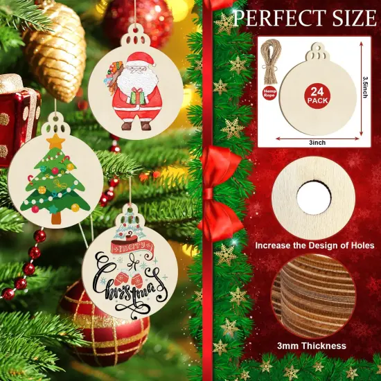 Wooden Christmas Ornaments to Paint Christmas Bell Decoration Cutouts Unfinished 24PCS 3.5 x 3 inches, DIY Blank Unfinished Christmas Tree Wood Discs Ornament for Home Crafts Hanging {4}