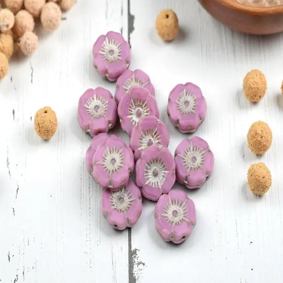 *12* 12mm Platinum Washed Opaque Pink Silk Hawaiian Flower Beads {3}