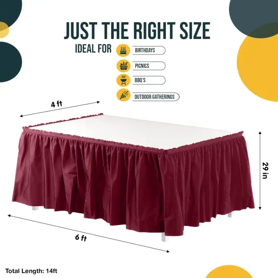 Ruffle Disposable Table Skirt 14 Ft Long Pleated Table Skirts with Adhesive Strip &ndash; Fits 6ft+ Rectangle or Round Tables &ndash; Ideal for Birthday Parties, Gender Reveal, Baby Showers & Event Decorations 6 pack by Exquisite Burgundy {4}