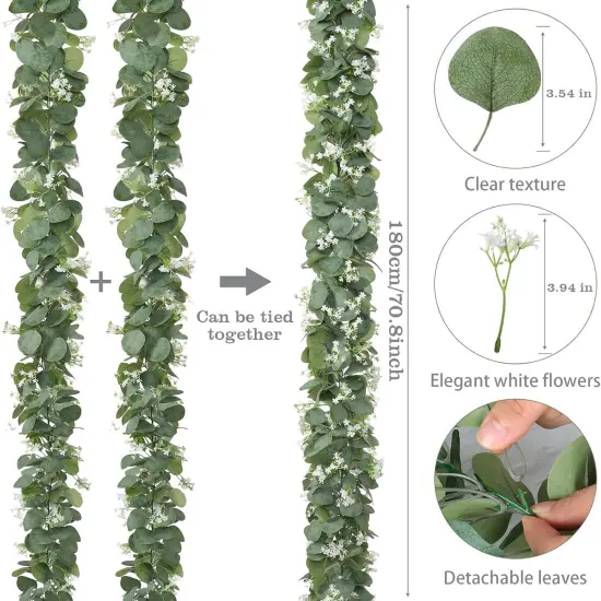 Eucalyptus Garland with White Flowers, 2 Packs 5.9Ft {3}