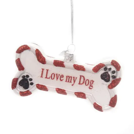 Noble Gems 2.0 Inch I Love My Dog Ornament Tree Ornament , Bone Paw Prints Puppy Red {1}