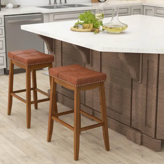 Costway 29" Bar Height Stools Set of 2/4 with PU Leather Seat Solid Rubber Wood Frame {10}