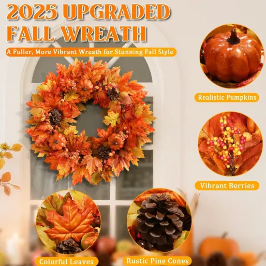 20 Inch Autumn Wreath with Pumpkins Maple Leaves {5}