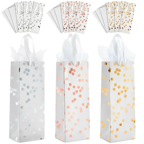 12-Pack Wine Gift Bags with Ribbon Handles and Tissue Paper for Wine Bottles, Liquor, Champagne, Sparkling Cider, Elegant Polka Dot Foil Designs (3 Colors, 13.8x5x4 in) White {1}