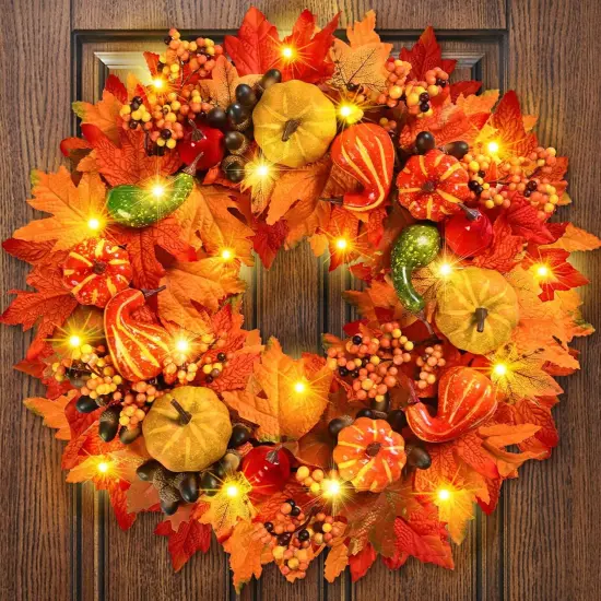 Pumpkin Fall Wreath Maple Leaves Welcome Sign w/ Lights {1}