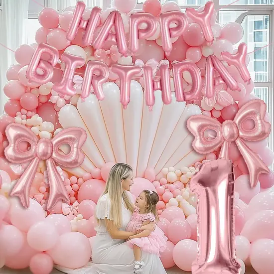 Pink Happy Birthday Balloons - Huge Pink Bow Aluminum Foil {5}