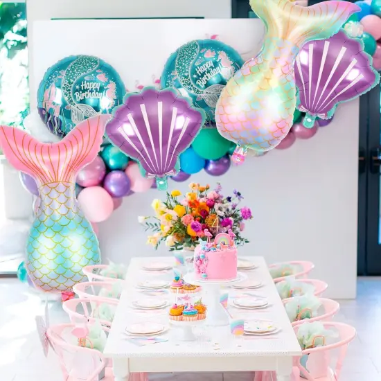 6 Pcs Mermaid Sea Foil Balloons, Mermaid Tail Sea Shell Mylar Balloons {3}