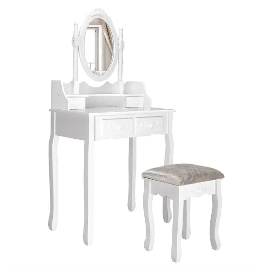 Costway Vanity Wood Makeup Dressing Table Stool Jewelry Desk 4 White {4}
