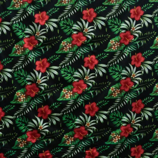 1 Yard Hibiscus Plumeria Tropical Leaves All Over Design Cotton Fabric, 100% Cotton, 36in L x 45in W Black/Red {1}