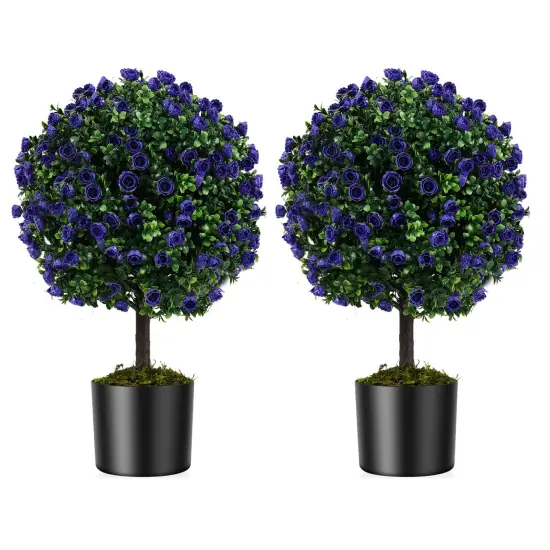 Costway Set of 2 Artificial Purple Rose Topiary Ball Trees 22" Faux Boxwood Ball Tree {1}