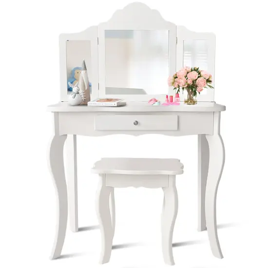 Costway Kids Vanity Table & Stool Princess Dressing Make Up Play Set for Girls White/Pink {7}