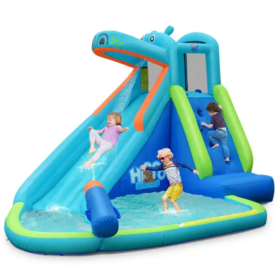 Costway Inflatable Kids Hippo Bounce House Slide Climbing Wall Splash Pool w/ Bag {2}