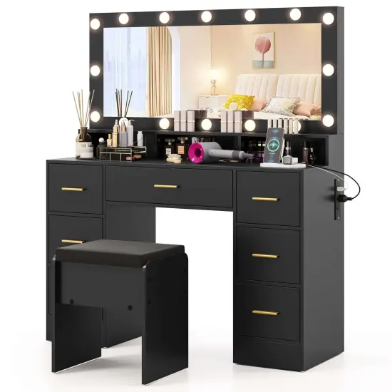 Costway Makeup Vanity Desk with Mirror and Lights Charging Station 3-Color LED Lights Black/White {7}