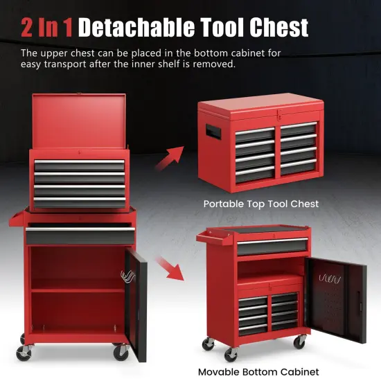 2 in 1 Tool Chest & Cabinet with 5 Sliding Drawers Rolling Garage Organizer {6}