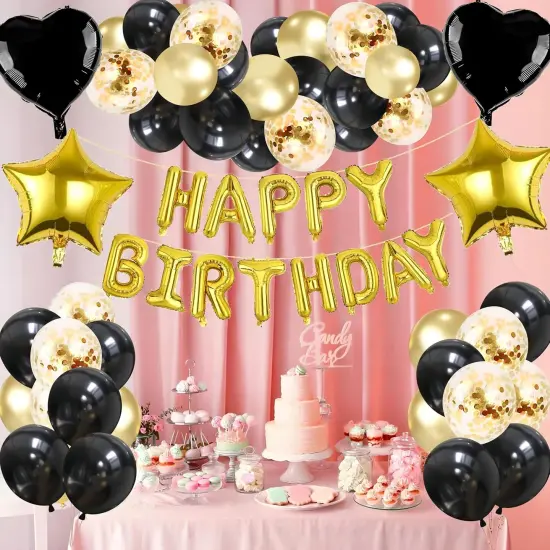 Black Gold Happy Birthday Decorations for Women Girls, Foil Heart Star Confetti Balloons {2}