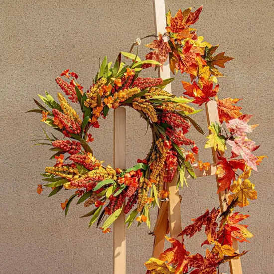 Fall Wreath Orange Yellow Sorghum Ear and Wildflower {4}