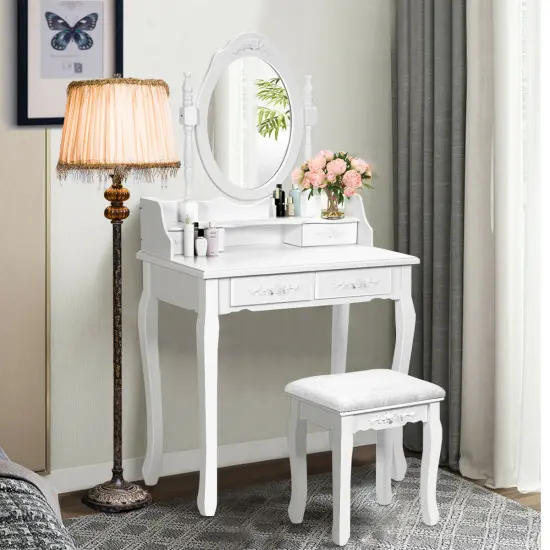 Costway Vanity Wood Makeup Dressing Table Stool 4 Drawers Black/White {1}