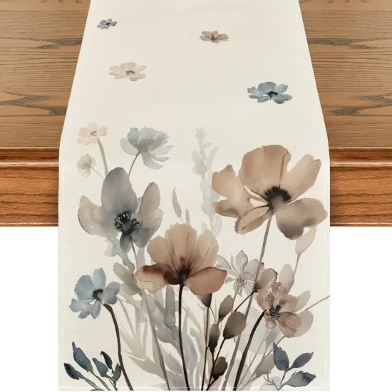 Brown Poppy Floral Leaves Fall Table Runner {1}