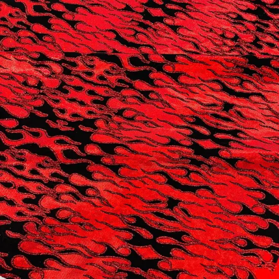 1 Yard Hot Rod Tricot Holographic Spandex Fabric Black Flocking Flames Red Glitter 4 Way Stretch 58-60 inches width {1}