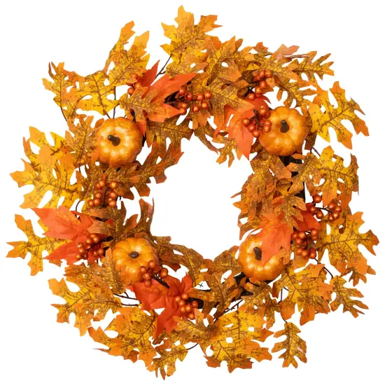 Northlight Autumn Leaves Pumpkins and Berries Artificial Fall Harvest Wreath - 22" Orange {3}