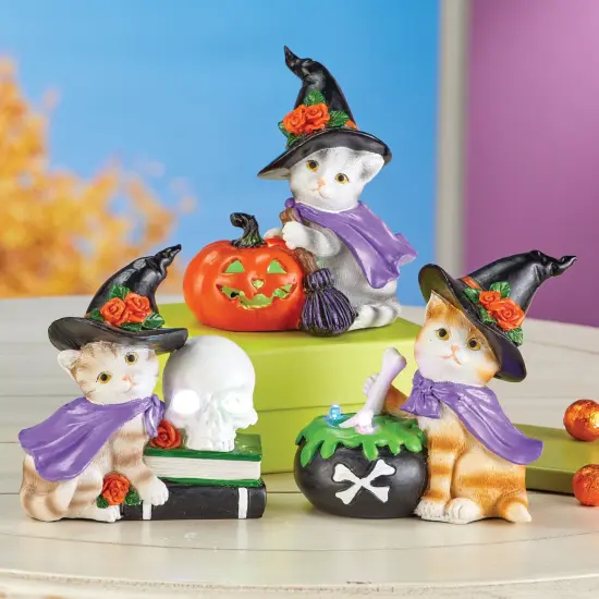 Collections Etc 3-Piece LED Lighted Hand-Painted Witch Cat Halloween Sitters {1}
