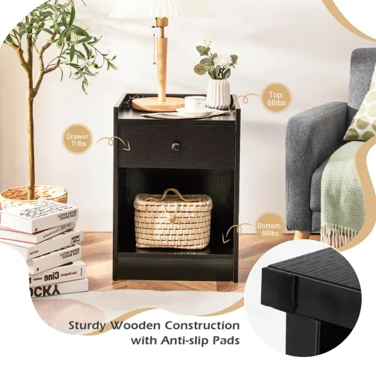 Costway Set of 2 Nightstand with Drawer Cabinet End Side Table Raised Top {8}