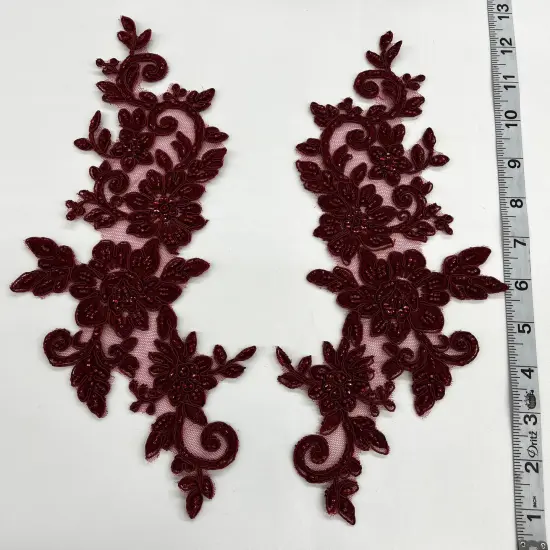 1 Pair Beaded & Corded Floral Lace Applique 100% Polyester Net Mesh 12.5" x 5" Each Side Wine {1}