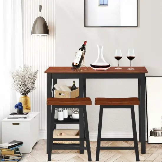 Costway 3-Piece Counter Height Dining Table Set w/2 Saddle Stools&Storage Shelves Walnut {2}