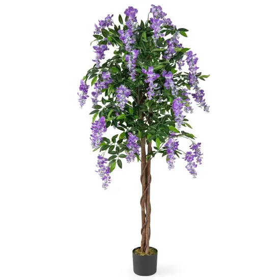 Costway 1/2 PCS 5.5 FT Tall Artificial Ficus Tree Faux Wisteria Plant in Nursery Pot Decoration Pink/Purple {9}