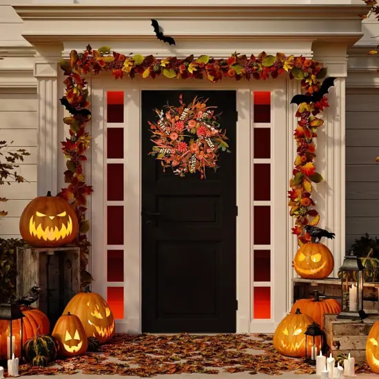 24" Pumpkin Fall Wreath with Colorful Mixed Leaves {5}