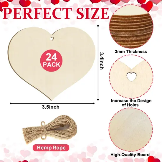 Wooden Heart Ornaments to Paint Mothers Day Decoration Cutouts Unfinished 24PCS 3.5 x 3 inches, DIY Blank Wood Discs Ornament for Home Crafts Hanging Valentine Day Father's Thanksgiving Decoration {2}