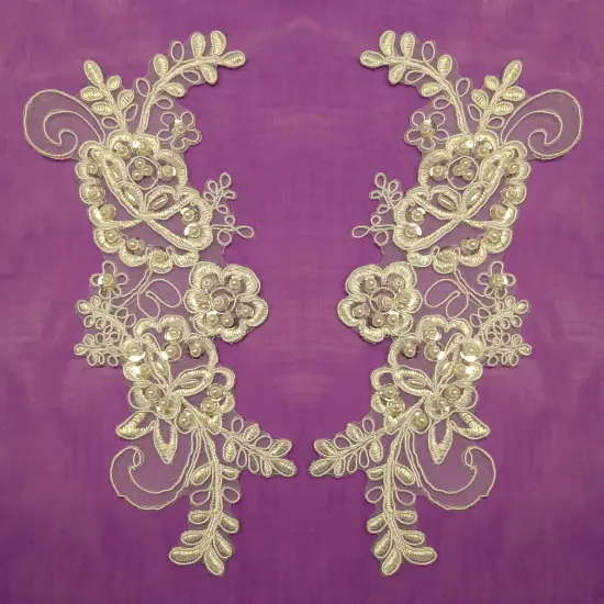 1 Pair Beaded & Corded Lace Applique Embroidered on 100% Polyester Organza 7.5" x 2.75" Each Side White {3}