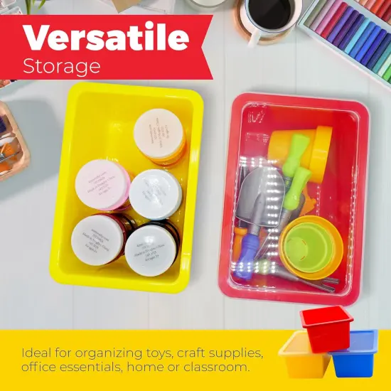 4E's Novelty Plastic Storage Bins with Lids, 5 Qt, 3 Pack, Colorful Plastic Cubby Storage Bins, Stackable Organizer Cubbies for Classroom or Home (11.4" x 7.75" x 5") {6}