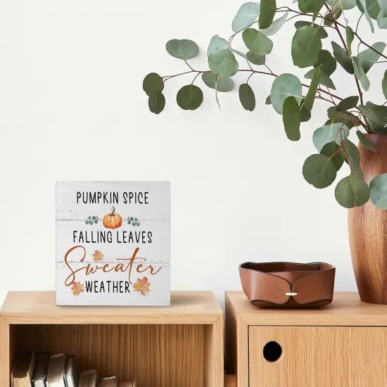 Fall Decor for Table Wood Box Sign Pumpkin Spice Falling Leaves {5}