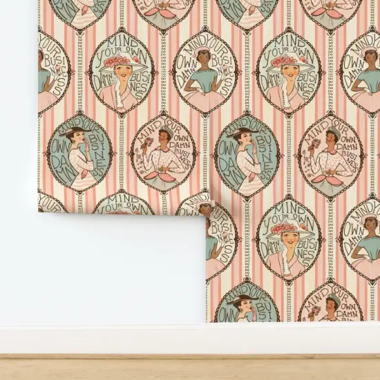 Pre-Pasted Wallpaper 2FT Wide Retro Vintage Feminist Conversational Granny Chic Stripes 50S Feminism Cottagecore Grandmillennial Fashion Illustration Women Pink Blue Hat Custom Pre-pasted Wallpaper by Spoonflower {2}