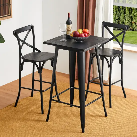 3 Piece Pub Table and Bar Chair Set - Steel Square Bar Table and Bar Chair Set Black {7}