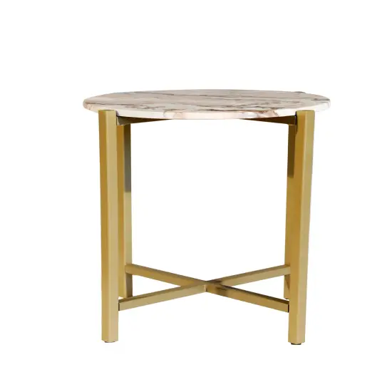 Brown Marble Side Table With Golden Metal Frame-21''Height {1}