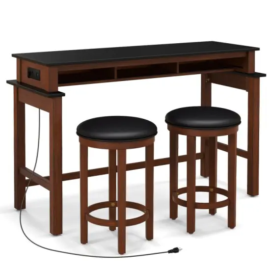 3-Piece Home Bar Set with 2 Upholstered Bar Stools Outlets and USB Ports Black {8}