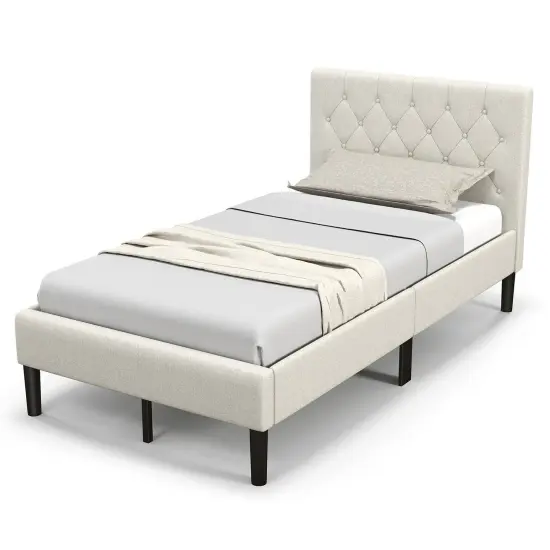 Twin Size Upholstered Platform Bed with Button Tufted Headboard-Beige {4}