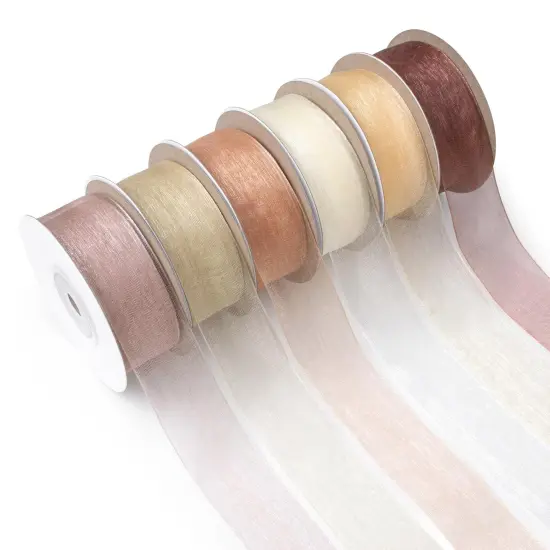 Sheer Ribbon Organza Ribbon 1 Inch x 150Yd 6 Rolls Brown Sheer Chiffon Ribbon Sheer Organza Ribbon Clear Fabric Ribbon for Gift Wrapping Wedding Bouquet Christmas Tree Decor Bows DIY Crafts {1}