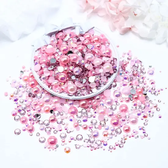 60g Mix Pearls and Rhinestones for Crafts, 2mm-10mm Pink Pearl Rhinestones for Shoes Nails Face Art, Tumbler Bedazzling Half Pearls and Rhinestones Gems, with Picker Pen {4}