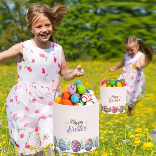 Easter Bunny Basket Egg Buckets Gifts Tote Bags, Canvas Cotton Purple Cute Personalized Egg Hunt Basket Stuffers for Easter Party {5}