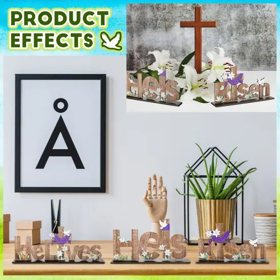 3 Pcs Easter Table Decor He is Risen Tabletop Decorations He Lives Wooden Signs Religious Jesus Cross Rustic Table Centerpiece for Easter Party Home Dinner Spring Decor {5}