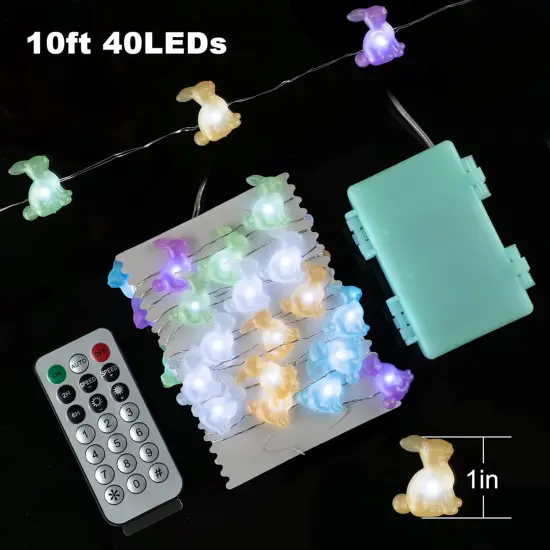 Easter Decoration Lights Rabbit LED String Lights Battery Operated with Remote 10 ft 40 LEDs Bunny Shaped String Lights for Bedroom Party Indoor Birthday Wedding Decor {4}