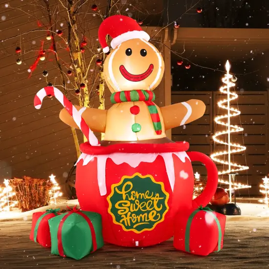 7 Feet Inflatable Gingerbread Man Hot Cocoa Mug with Built-in LED Lights and Gift Boxes {3}