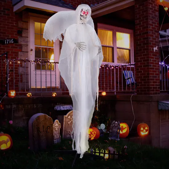 8.3 ft White Halloween Standing Haunted Angel with Lighted Eyes and Automatic Wing Movement {5}