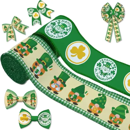 2 Rolls St Patrick's Day Ribbon, 2.55" x 5 Yards, Wired Edge Ribbon with Leprechaun & Shamrock Pattern, Green Plaid Border Decorative Ribbon for Holiday Party Home Decor Wreath Making Gift Wrap {1}